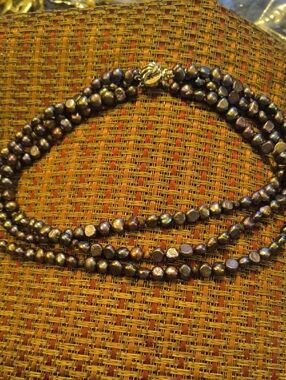 Multi-Strand Dark Iridescent Freshwater Pearl Necklace with Gold-Tone Clasp